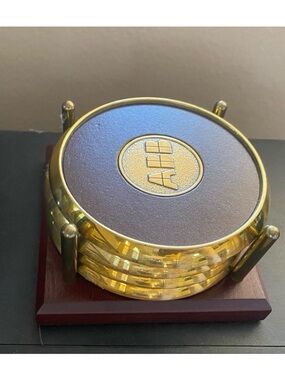 Vintage BTS Group ABB Solid Brass and Wooden Coaster Set
